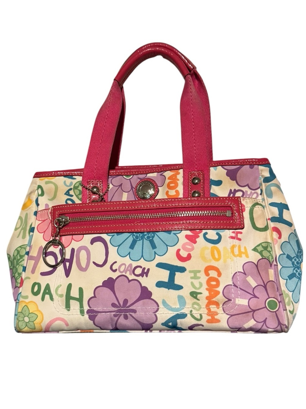 Y2K Coach Daisy Multicolor Floral Signature Tote with Hot Pink Leather Trim